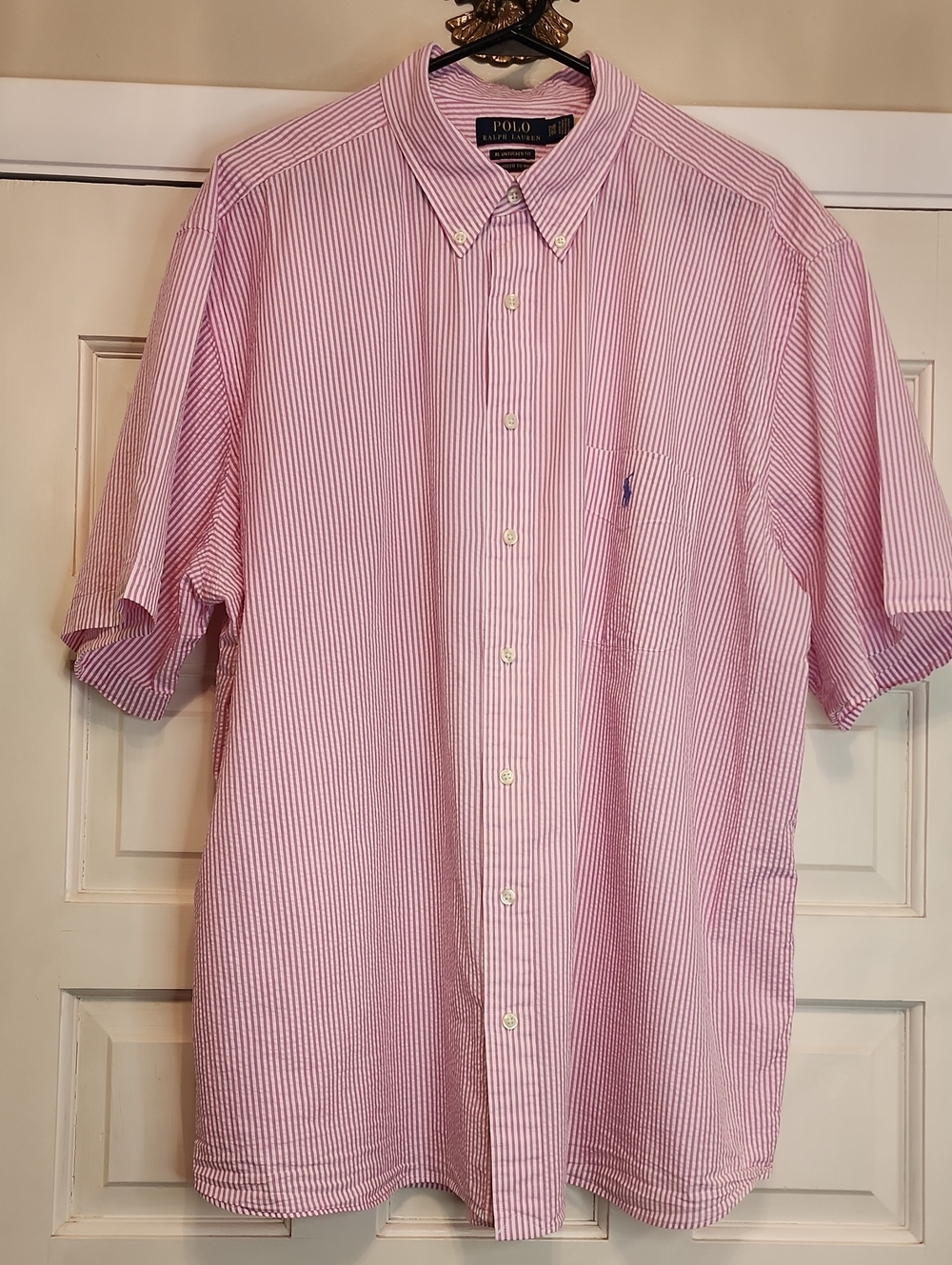 POLO Ralph Lauren Seersucker Pink And White Striped Short Sleeve Pocket Shirt
